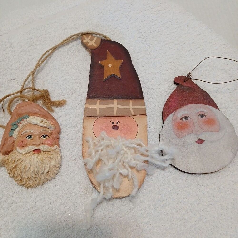 (3) VTG Wooden Santa Claus Hand Crafted HandPainted Christmas ORNAMENTS